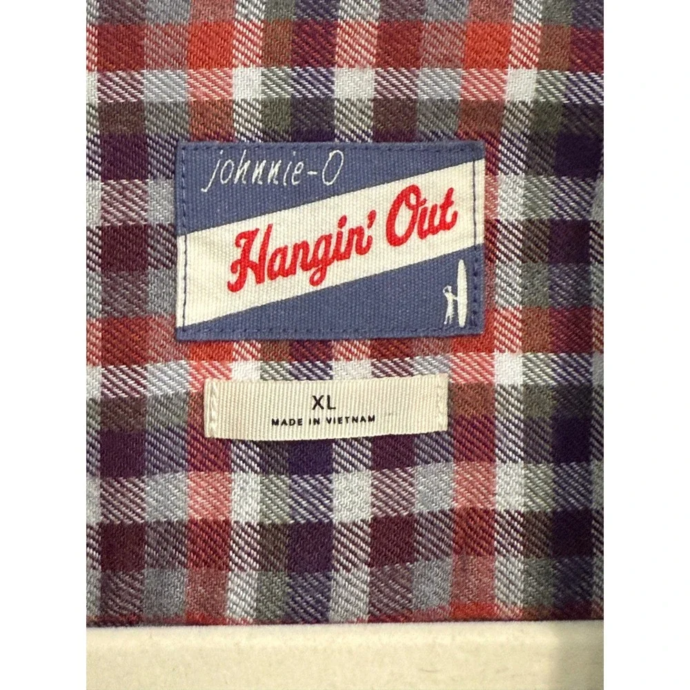 Johnnie-O Hangin Out Mens XL Plaid Button Down Shirt Red Navy Cotton Stretch